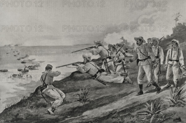Spanish-American War: Spanish soldiers attacking US troops landing on the coast of Cuba, 1898. Creator: Enrique Laporta Valor.