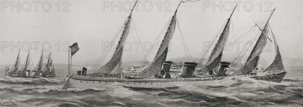Spanish-American War: Spanish torpedo boats on their way to the island of Cuba, 1898. Creator: Antonio de Caula.