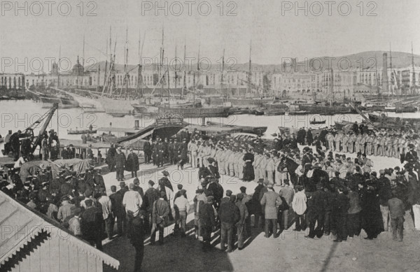 Troops embarkation for the island of Cuba from the port of Barcelona, Spain, 25 February 1898. Creator: Unknown.