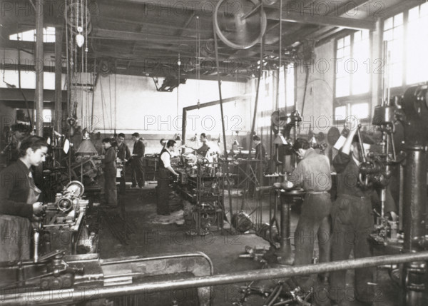 Production line of a company who manufacture motorcycle components, Barcelona, Spain, 1945. Creator: Unknown.