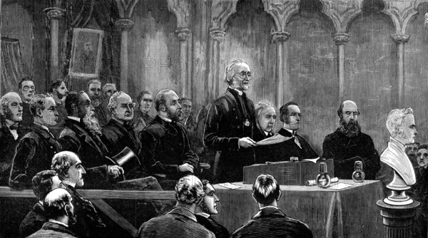 Dean Stanley Memorial Meeting in the Chapter House, Westminster Abbey, 1881. Creator: Unknown.