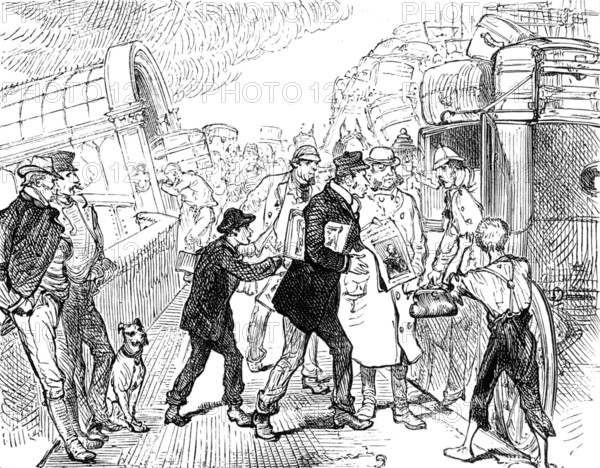 Departure of a Cunard steamer from Liverpool: passengers arriving at the landing-stage, 1881. Creator: Unknown.