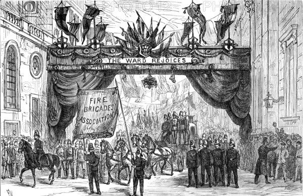 The Lord Mayor's Procession: the Fire Brigade passing the Arch in Lothbury, 1881. Creator: Unknown.