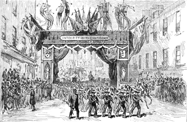 The Lord Mayor's Procession: Arch in London Wall - boys of the Warspite training-ship, 1881. Creator: Unknown.