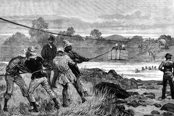 The Transvaal War: difficulties of travelling in South Africa: officers crossing the Ingagani, 1881. Creator: Crane.