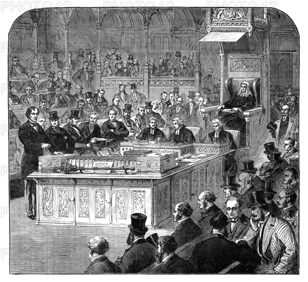 The late Lord Beaconsfield: Mr. Disraeli addressing the House of Commons as Chancellor, 1867, (1881) Creator: Unknown.