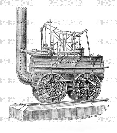 George Stephenson, Father of Railways: the first locomotive engine, 1881. Creator: Unknown.