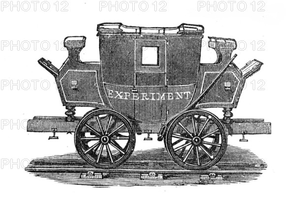 George Stephenson, Father of Railways: the Experiment, first railway passenger coach, 1825, (1881). Creator: Unknown.