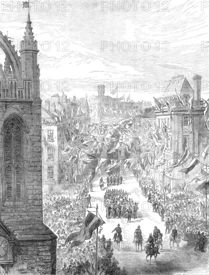 The George Stephenson Centenary at Newcastle-On-Tyne: procession passing St. Nicholas Church, 1881. Creator: Unknown.