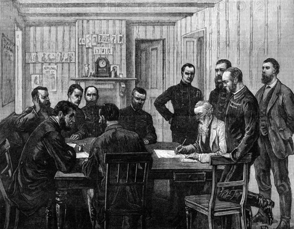 The Transvaal War: signing the terms of peace with the Boers at O'Neil's Farm...March 21, 1881. Creator: Frank Dadd.