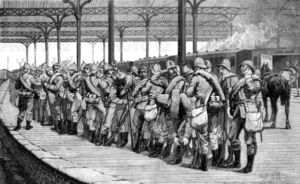 The Volunteer Review: departure of the Artists Corps from Victoria Railway Station, 1881.  Creator: Unknown.