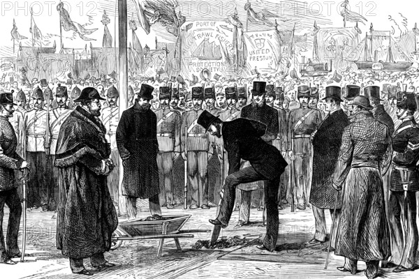 Lt.-Col. Gerard Smith cutting the first turf of the Hull, Barnsley...West Riding Ry. and Dock, 1881. Creator: Unknown.