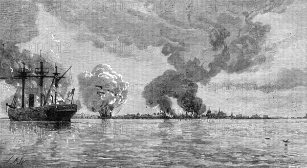 Destruction of the Peruvian fleet by the Peruvians before evacuating Callao, 1881. Creator: Unknown.