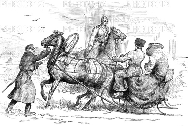 Sketches in St. Petersburg: sledge approaching the city stopped by police, 1881. Creator: Unknown.