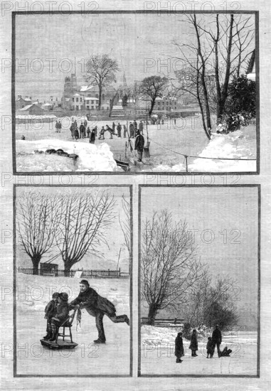Scenes on the frozen Thames: an extemporised sledge; at Twickenham; near Teddington, 1881. Creator: Unknown.
