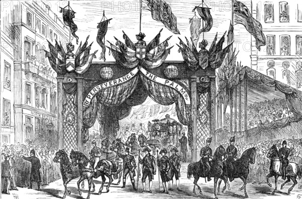 The Lord Mayor's Procession: presenting an address to the Lord Mayor at the Arch..., 1881. Creator: Unknown.