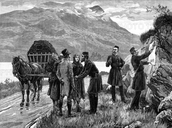 The State of Ireland: posting the government proclamation in Connemara, 1881. Creator: R&E Taylor.