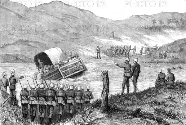 The Transvaal War: capsizing of the pont on the Incangua River, near Newcastle, 1881. Creator: W. I. Mosses.