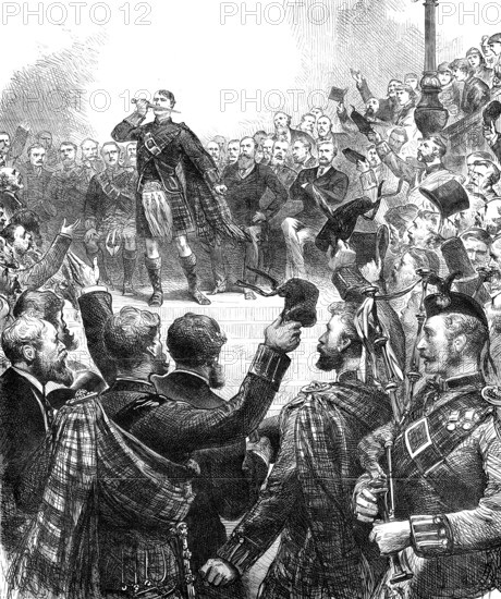 Meeting at Stafford House to protest against the change in the tartans of Highland Regiments, 1881. Creator: Unknown.