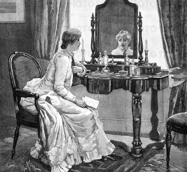 Then, looking up in her trouble and perplexity, she caught sight of her own face in the glass, 1883. Creator: R. Taylor.