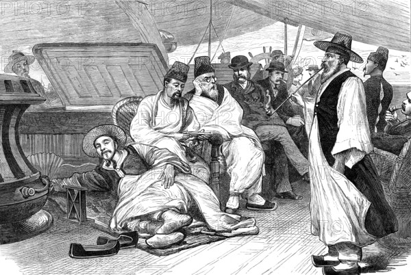 The Corean ambassadors returning on board the Japanese steamer Sakasago Masu, 1881. Creator: Unknown.