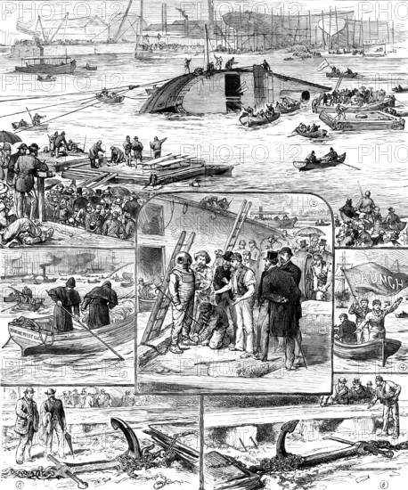 Sketches of the Ship-Launch Disaster at Glasgow, 1883. Creator: Unknown.