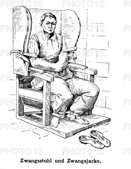 A mental ill patient in a straight jacket and strapped into a chair, 1908. Creator: Unknown.