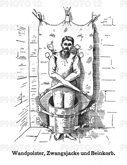 A mentally ill patient in a strait-jacket attached to the wall and a strange barrel..., 1908. Creator: Unknown.