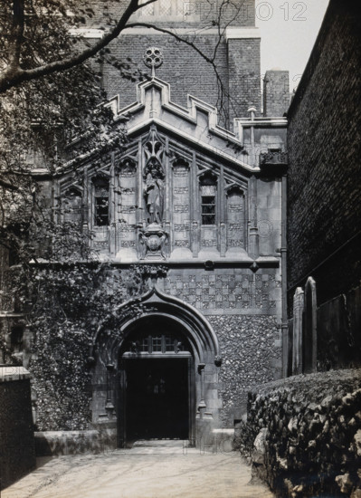 The church of St  Bartholomew the Great; exterior view showing the entrance through the west porch. Creator: Rev CF Fison.