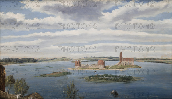 Ruins of the Castle on the Trakai Lake (Lake Galve), 1853. Creator: Wincenty Dmochowski.