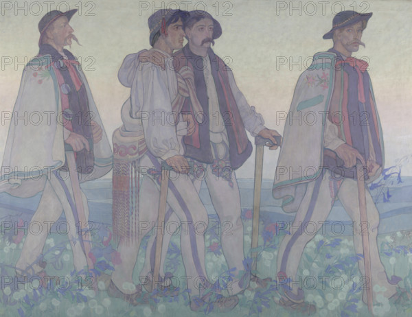 Procession of the Highlanders - central part of the 'Dawn' triptych - decorative panneau..., 1909. Creator: Jan Rembowski.