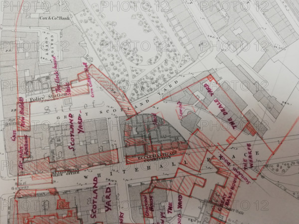 Plan of buildings in Whitehall, Westminster, London, 1874.  Creator: Tom Higgs.