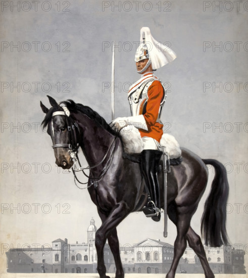 Mounted cavalryman in Horseguards Parade, London, between 1939 and 1946. Creators: Unknown, Central Office of Information.