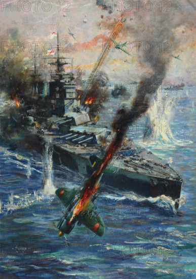 Aircraft attack British battleship, between 1941 and 1946. Creators: Central Office of Information, Terence Tenison Cuneo.