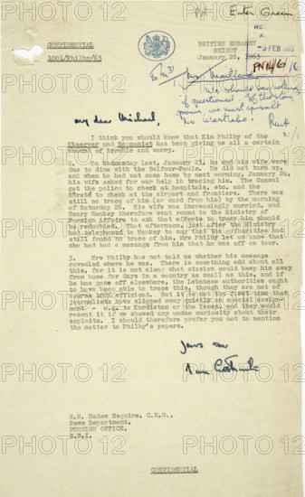 Letter on disappearance of MI6 agent Kim Philby on 23 January 1963. Creator: RM Hadow.