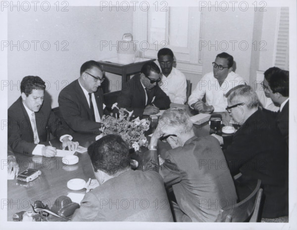 Press conference held by George Price, British Honduras elections, 1 March 1965. Creator: Unknown.