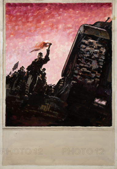 Man with lighted torch at head of a column of civilians, some carrying..., between 1939 and 1946. Creators: Unknown, Central Office of Information.