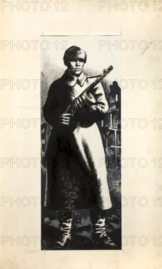 Russian infantryman, standing amidst ruins of town, between 1939 and 1946. Creators: Central Office of Information, Unknown.