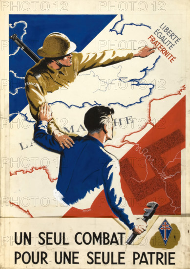 Unity of Strength - Inter-allied posters: 'Liberté, Egalité, Fraternité', between 1939 and 1946. Creators: Central Office of Information, Unknown.