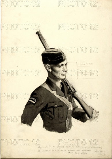 Unity of Strength Rhodesian airman with rifle WWII poster, between 1939 and 1946.  Creators: William Little, Central Office of Information.