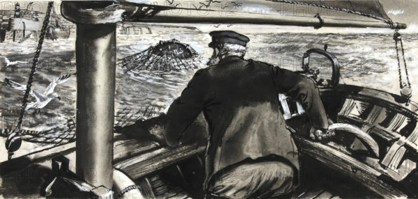 Drawings for Magazines: Ditty Box: Drawing: mine in fishing trawl net, between 1939 and 1946. Creators: Unknown, Central Office of Information.