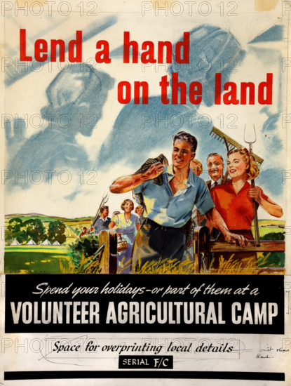 'Lend a hand on the land. Spend your holidays - or part of..., WWII poster, between 1939 and 1946. Creators: Central Office of Information, Michael O'Connell.