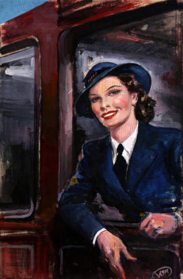 WRNS waiting at railway carriage window, between 1939 and 1946. Creators: Central Office of Information, GH Davis.