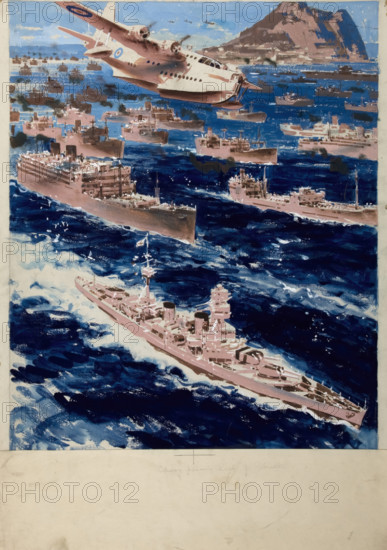Convoy passing Gibraltar, between 1939 and 1946. Creators: Central Office of Information, Patrick Keely.