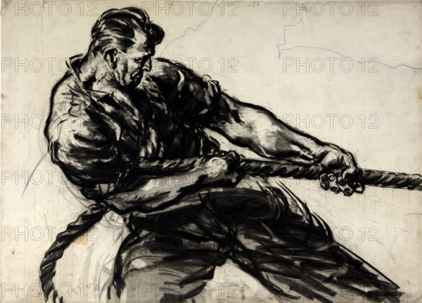 Man heaving on rope, between 1939 and 1946. Creator: Central Office of Information.