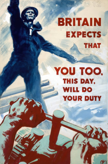 'Britain expects that you too, this day, will do your duty', WWII poster, between 1939 and 1946. Creators: Central Office of Information, Harold Forster.