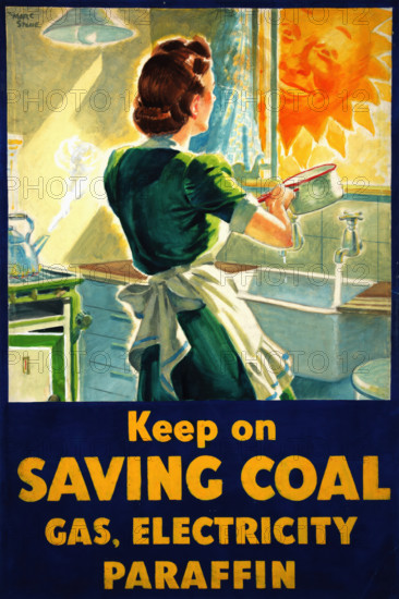 'Keep on saving coal, gas, electricity, paraffin', World War II poster, between 1939 and 1946. Creators: Central Office of Information, Marc Stone.
