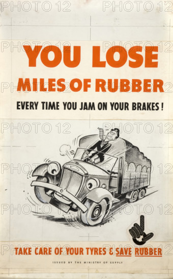 'You lose miles of rubber every time you jam on your brakes!...', WWII poster, between 1939 and 1946 Creator: Central Office of Information.