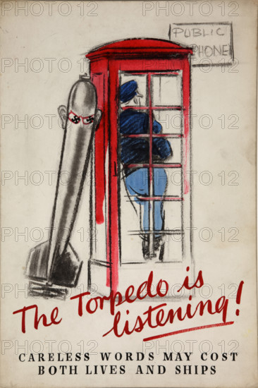 'The torpedo is listening! Careless words may cost...', WWII poster, between 1939 and 1946. Creators: Central Office of Information, Unknown.