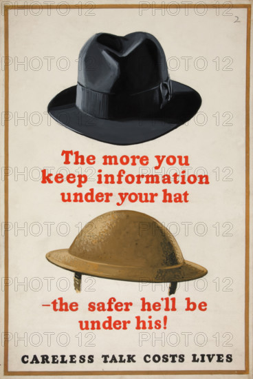 'The more you keep information under your hat - the safer...', WWII poster, between 1939 and 1946. Creators: Central Office of Information, Unknown.
